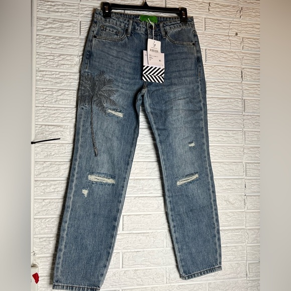 Free People x Sandrine Rose denim jeans with fabulous embroidered palm tree-NWT - Picture 3 of 11